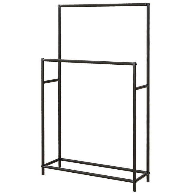 Freestanding towel rack in black metal, 2 rails, bathroom
