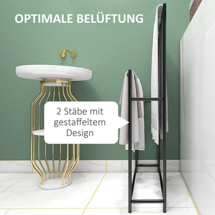Freestanding towel rack in black metal, 2 rails, bathroom