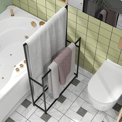 Freestanding towel rack in black metal, 2 rails, bathroom