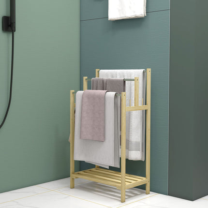 Freestanding bamboo towel rack with 3 rails, 4 hooks