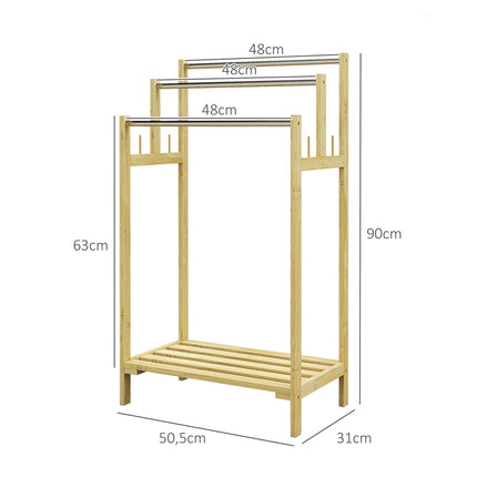 Freestanding bamboo towel rack with 3 rails, 4 hooks