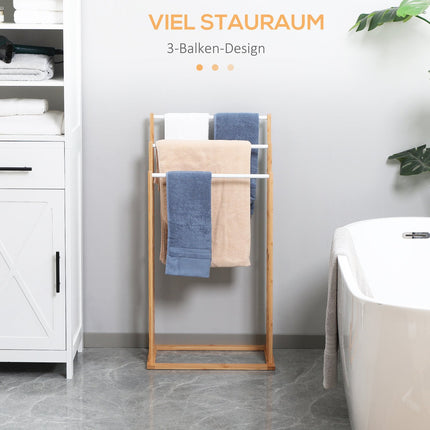 Freestanding bamboo towel rack with 3 bars - natural finish