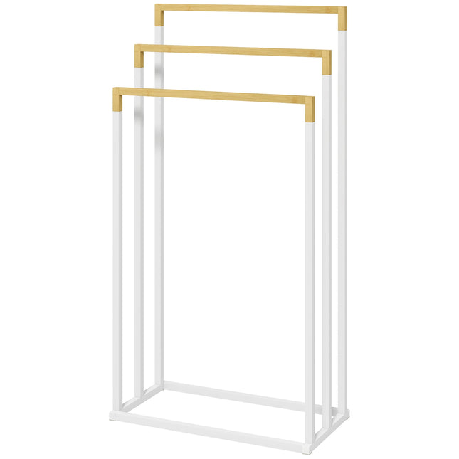 Freestanding towel rack in steel in bamboo - 3 rails, white