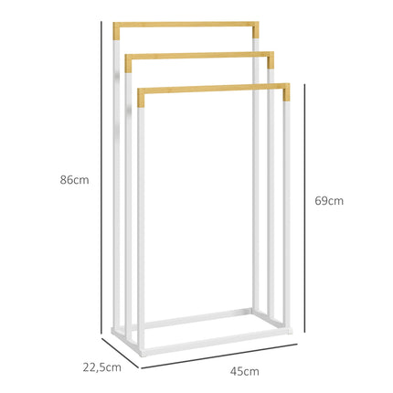 Freestanding towel rack in steel in bamboo - 3 rails, white