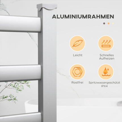 Electric towel rail, 6 rods, white aluminium, bathroom