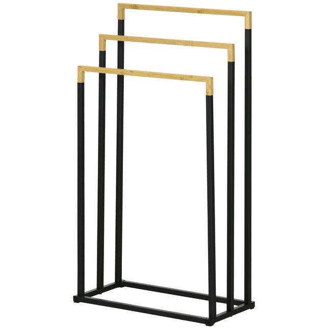 Black 3-bar towel rack - steel and bamboo holder