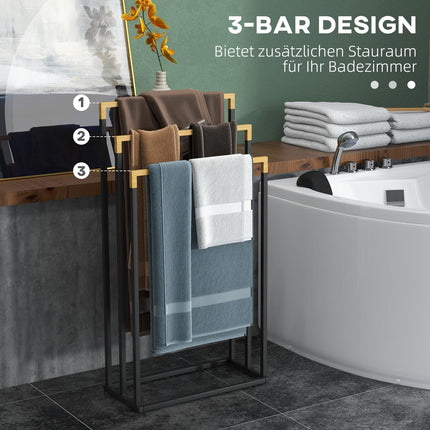 Black 3-bar towel rack - steel and bamboo holder