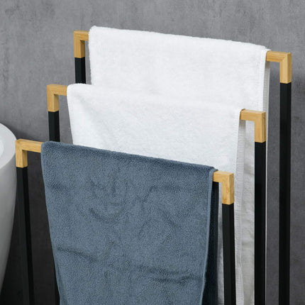 Black 3-bar towel rack - steel and bamboo holder