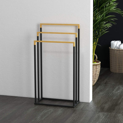 Black 3-bar towel rack - steel and bamboo holder