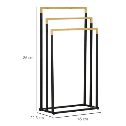 Black 3-bar towel rack - steel and bamboo holder