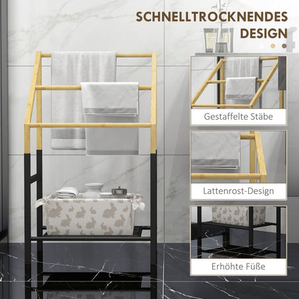 Towel rail, freestanding, 3 bars, 51x31x85.5cm, black/natural wood