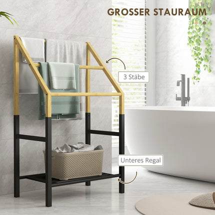 Towel rail, freestanding, 3 bars, 51x31x85.5cm, black/natural wood