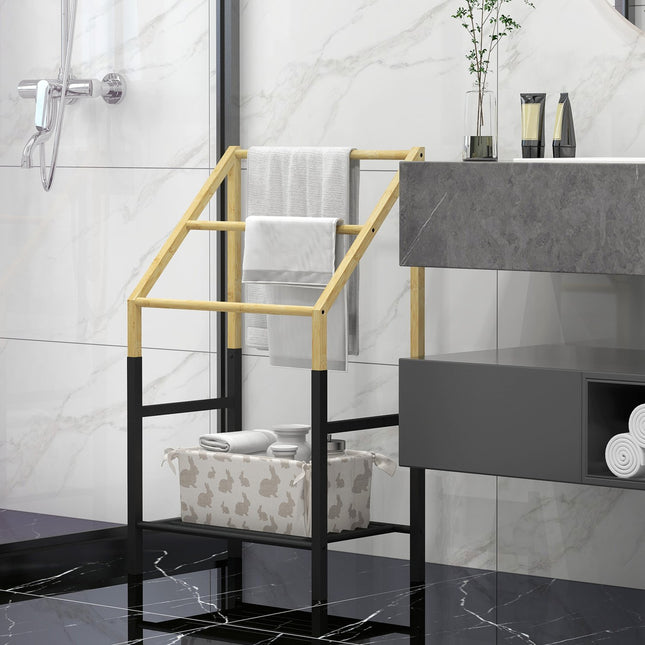 Towel rail, freestanding, 3 bars, 51x31x85.5cm, black/natural wood