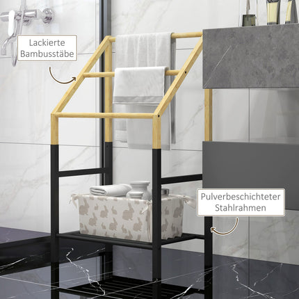 Towel rail, freestanding, 3 bars, 51x31x85.5cm, black/natural wood