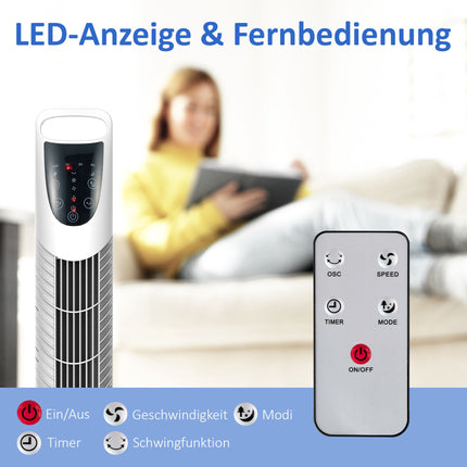 Tower Fan, 3 Modes, Quiet Operation, Timer, Remote, White
