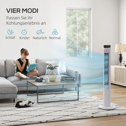 Tower fan - 3 speeds, remote control, timer, 70° oscillation, white