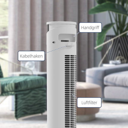 Tower fan - 3 speeds, remote control, timer, 70° oscillation, white