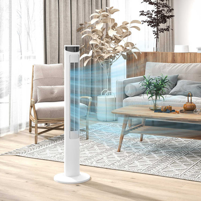 Tower fan - 3 speeds, remote control, timer, 70° oscillation, white