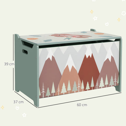 Toy box with lid - cute animal design, green, secure hinges