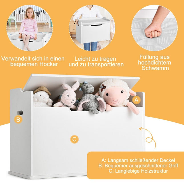 Toy box with lid 2 in 1 toy chest with cushion toy cabinet 74 x 39 x 52 cm white