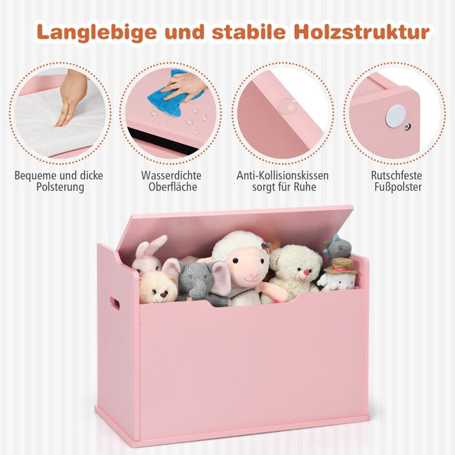 Toy box with lid 2 in 1 toy chest with cushion toy cabinet made of wood with carrying handles pink