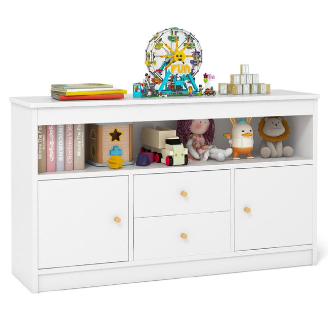 Toy cupboard children's children's shelf made of wood children's cupboard with 2 drawers and 2 doors 106 x 30 x 62 cm white