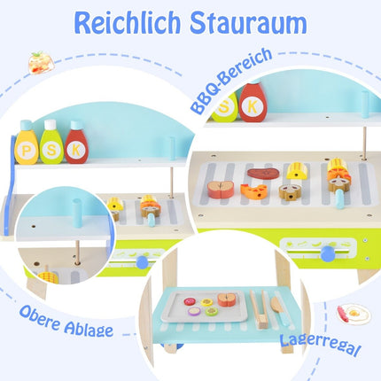 Toy grill set made of wood with push handle & wheels & accessories children's play kitchen BBQ