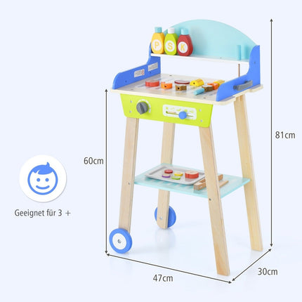 Toy grill set made of wood with push handle & wheels & accessories children's play kitchen BBQ