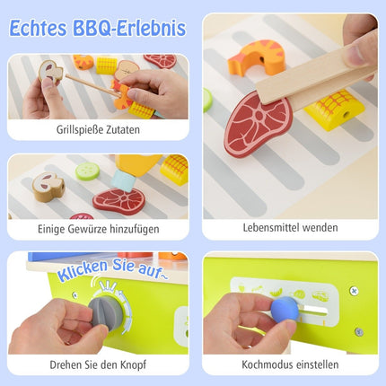 Toy grill set made of wood with push handle & wheels & accessories children's play kitchen BBQ