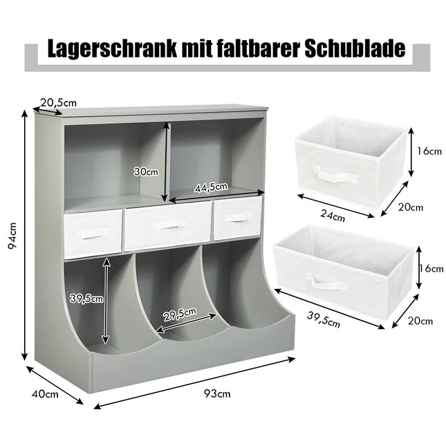 Toy shelf with 5 compartments & 3 drawers children's shelf toy organizer 93 x 40 x 94 cm gray