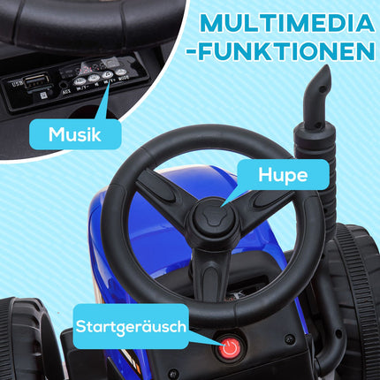 Ride-on tractor for children with remote control, MP3, headlights, blue