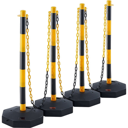 Traffic Delineator Posts, 4 Pack, Fillable Base, 8 ft Chain