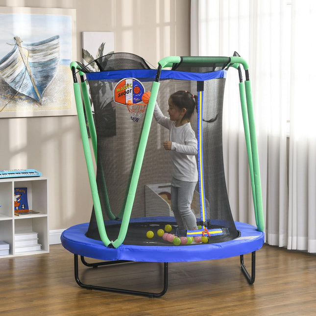 Children's trampoline with safety net & basketball hoop, 140 cm