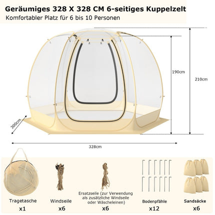 Transparent tent pop up tent for 6-10 people with 2 large rolling doors foldable sports tent