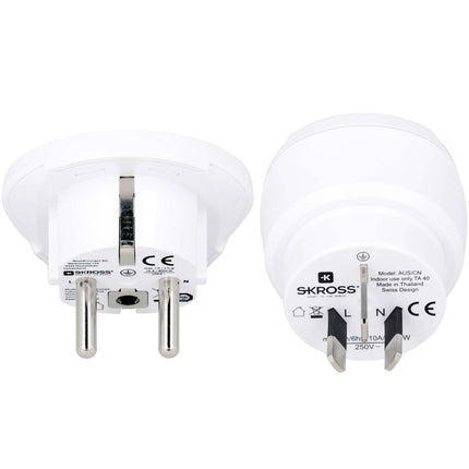Travel adapter Combo World to Australia/China + Europe Grounded
