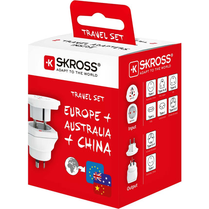 Travel adapter Combo World to Australia/China + Europe Grounded
