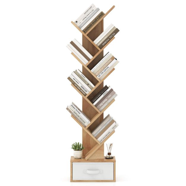 Tree Bookshelf With Drawer, 10 Shelves, Natural Finish