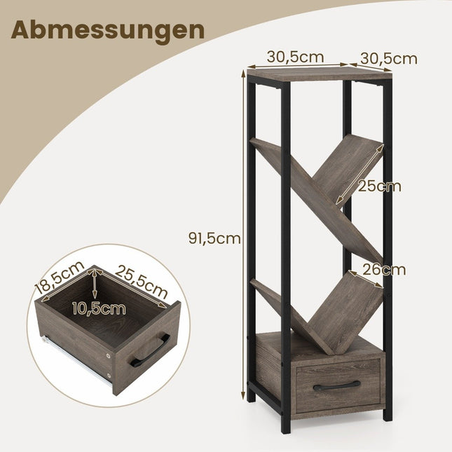 Tree Shaped Bookcase with Drawer & Metal Frame 4 Tier Standing Shelf Office Shelf