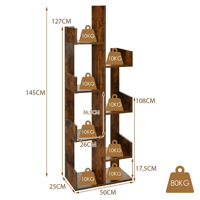 Tree-Shaped Bookshelf, 8-Tier Storage, Anti-Tip, Brown