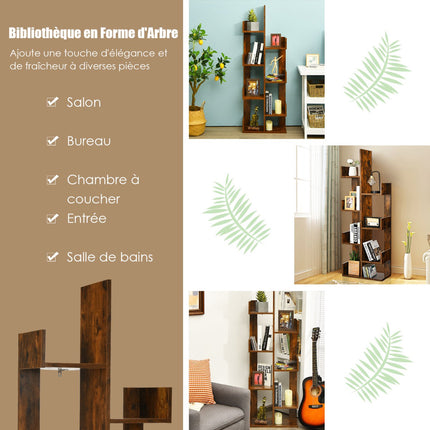 Tree-Shaped Bookshelf, 8-Tier Storage, Anti-Tip, Brown