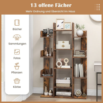 Tree-shaped bookcase with 13 open compartments, storage shelf, wooden shelf, 86 x 24.5 x 141 cm, brown