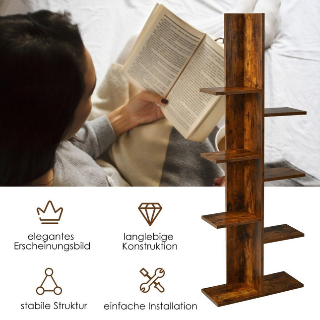 Tree-shaped bookcase with 8 shelves, free-standing shelf, office shelf, 50 x 20 x 141 cm, brown