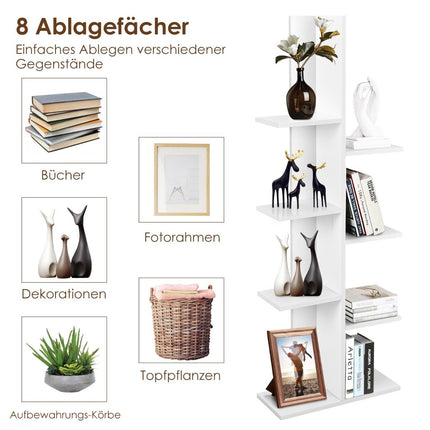 Tree-shaped bookcase with 8 shelves, free-standing shelf, office shelf, 50 x 20 x 141 cm, white