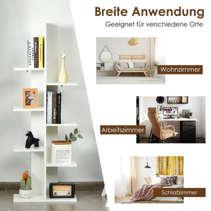 Tree-shaped bookcase with 8 shelves, free-standing shelf, office shelf, 50 x 20 x 141 cm, white