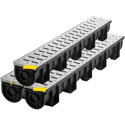 Trench Drain Kit, HDPE Channel, Stainless Grate, 3-Pack