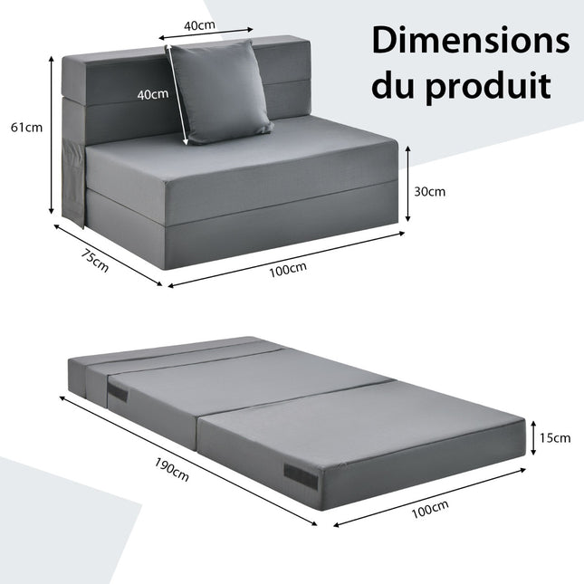 Drievoudig opklapbaar slaapbankmatras, 15 cm dik, inclusief kussen, donkergrijs