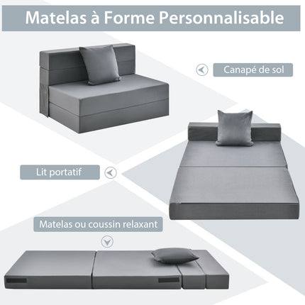 Tri-Fold Sofa Bed Mattress, 6-Inch, With Pillow, Dark Gray