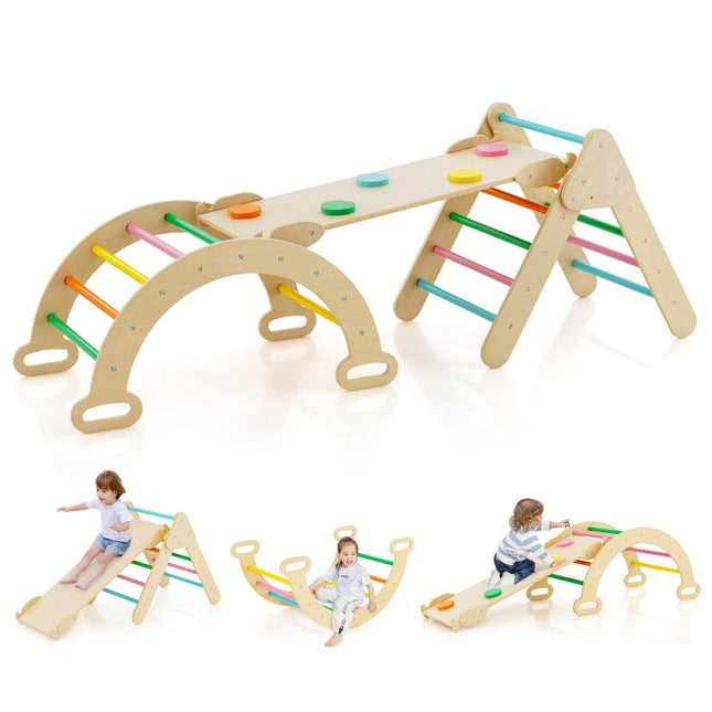 Triangular wooden climbing toy set for toddlers with colorful climbing triangle