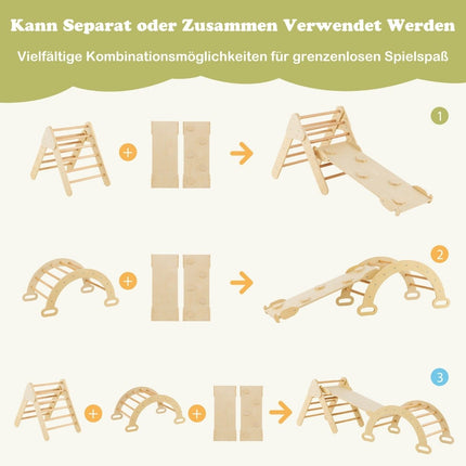 Triangular wooden climbing toy set for toddlers with natural climbing triangle