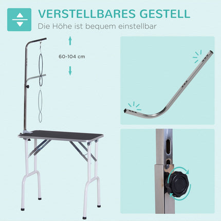 Black foldable dog grooming table, metal frame, 81x48x80 Cm